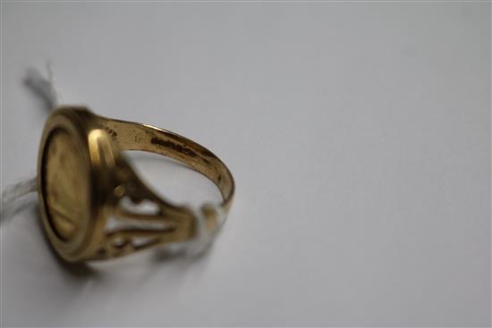 A 1896 1/10 gold krugerrand in 9ct gold ring setting, size S.